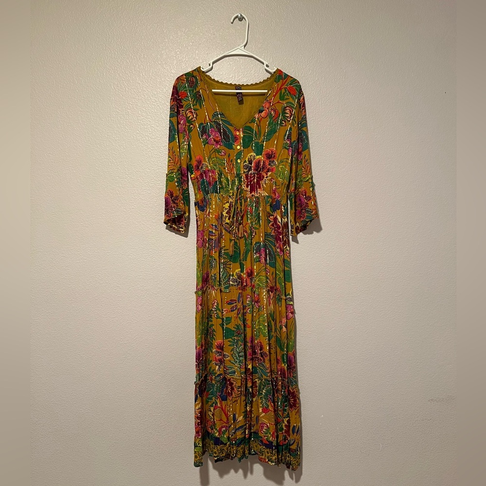 Me 2 Magic Boho Floral Mustard Maxi Dress w/Sleeves